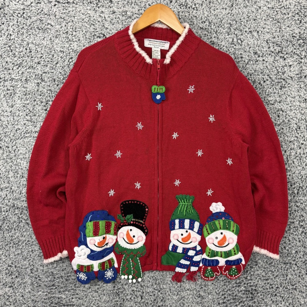 Vintage Tiara Ugly Christmas Sweater Womens XL 18/20 Red Snowman Zip Cardigan